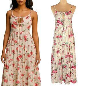 Christy Dawn Floral Tiered Midi Dress Sz.S Ivory Red Roses Romantic Sundress
